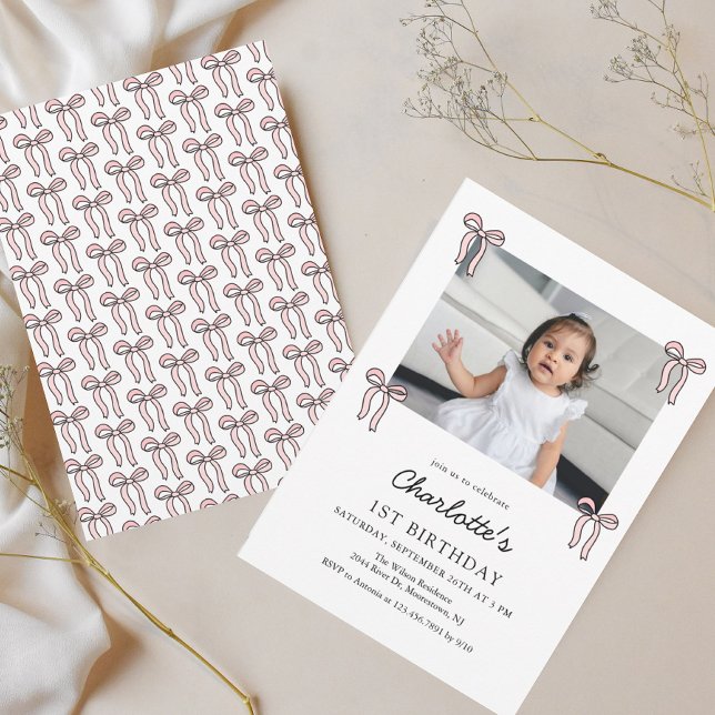 Pink Doodle Bow Baby Girl 1st Birthday Invitation (Creator Uploaded)