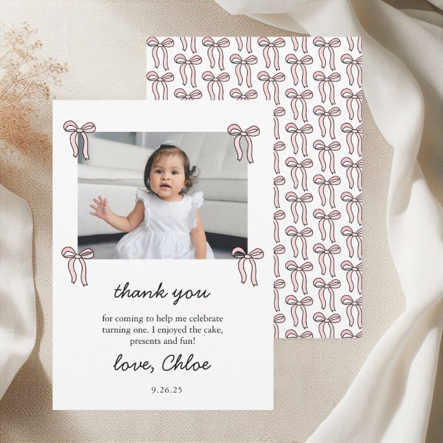 Pink Doodle Bow Baby Girl 1st Birthday Thank You Card (Creator Uploaded)