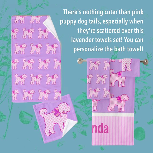 Pink Doodle Dog Lavender Personalised  Bath Towel Set (Pink Puppy Love bath towel set)