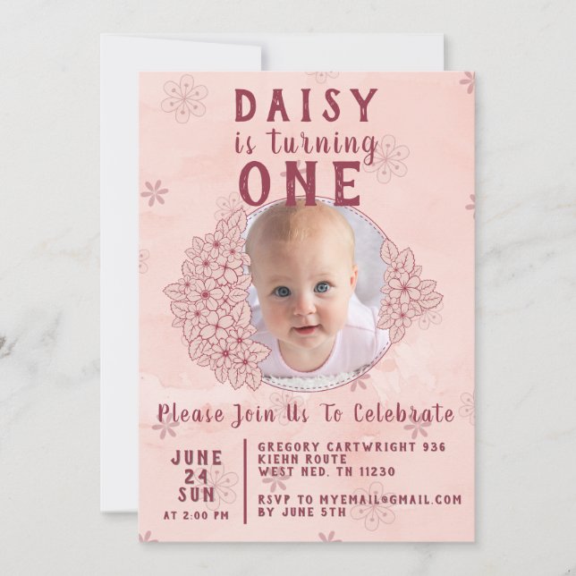 Pink doodle flowers photo invitation (Front)