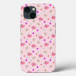 Pink Doodle Flowers With Hearts iPhone 13 Case