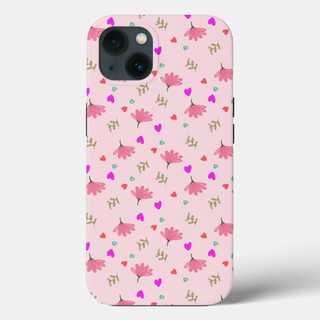 Pink Doodle Flowers With Hearts Case-Mate iPhone Case (Back)
