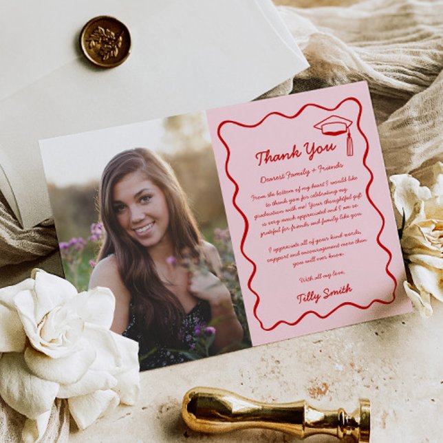 Pink Doodle Graduation Thank You Card 3 Photo Wavy (Creator Uploaded)