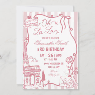 Pink Doodle Handwritten Parisian Cafe Birthday Invitation