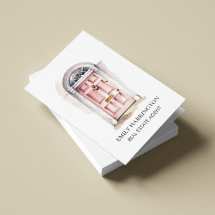 Pink Door Watercolor QR Code Real Estate Agent Business Card