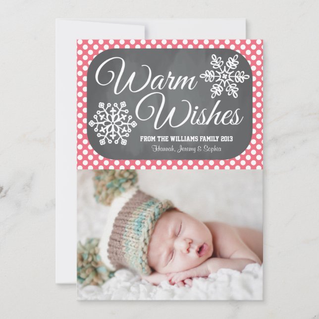 Pink Dot Chalkboard Snowflake Holiday Photo Card (Front)