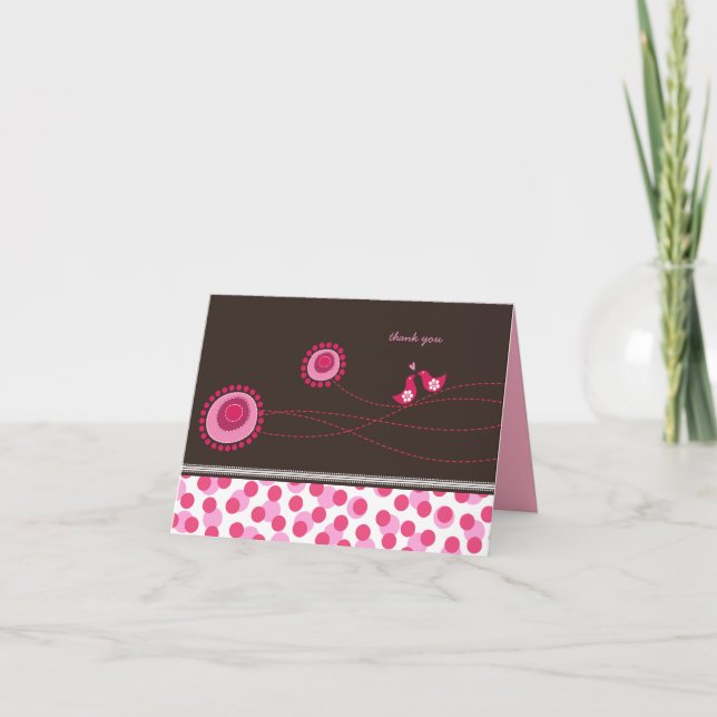 Pink Dot Flowers & Happy Birds Pattern Thank You Card (Front)