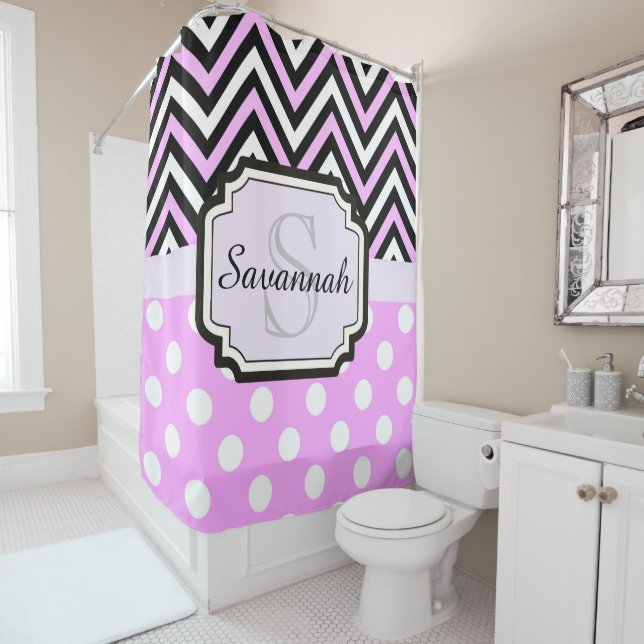 Pink Dots and Chevrons Shower Curtain (In Situ)