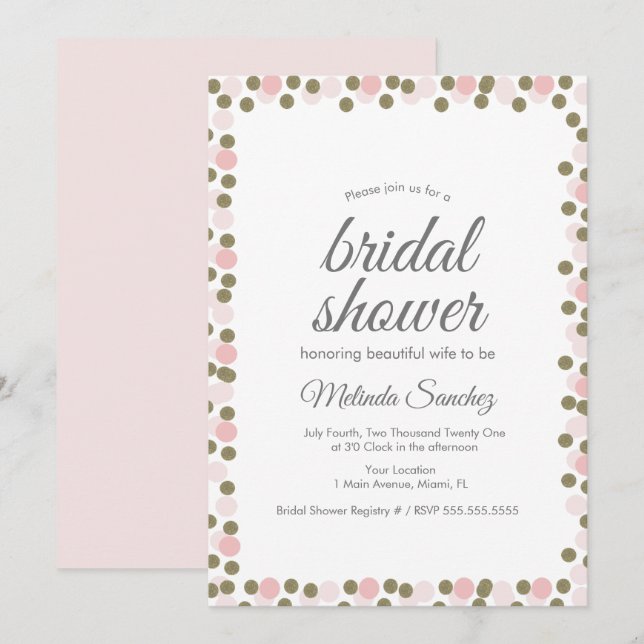 Pink Dots Confetti Gold Border Bridal Shower Invitation (Front/Back)