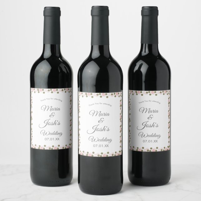 Pink Dots Confetti Gold Border Wedding Wine Label (Bottles)