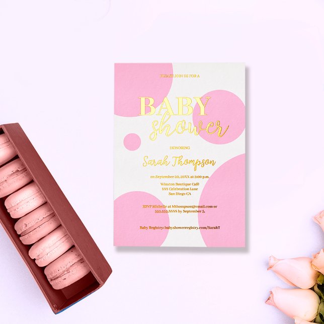 Pink Dots Custom Baby Shower Gold Foil Modern Holiday Card (Creator Uploaded)