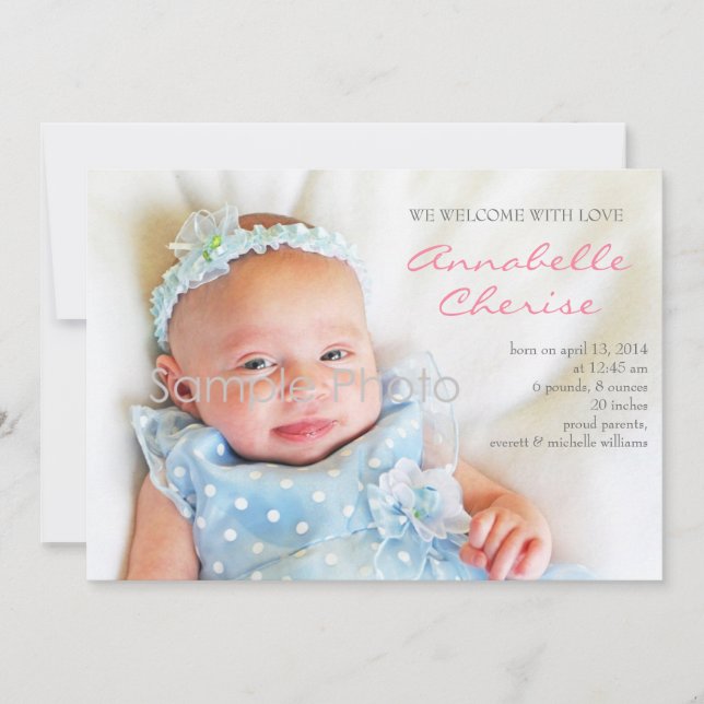 Pink Dots Photo Birth Announcement (Front)