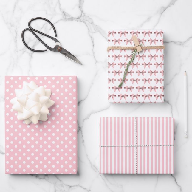 Pink Dots Stripes and Bows Baby Shower Wrapping Paper Sheet (Front)