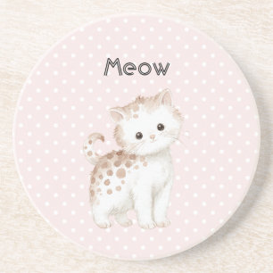 Pink Dots White Tan Cute Kitty Cat Coaster