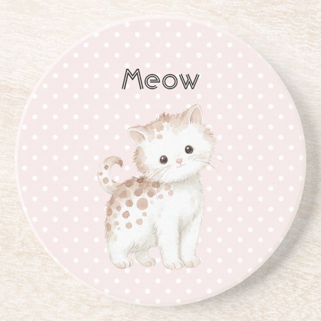 Pink Dots White Tan Cute Kitty Cat  Coaster (Front)