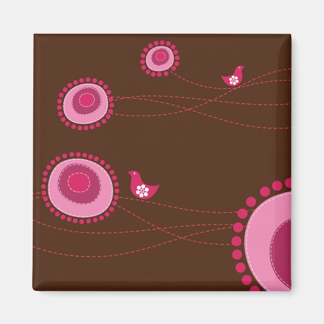 Pink Dotted Flowers and Birds Magnet (Front)