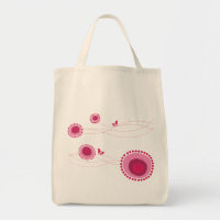 Pink Dotted Flowers and Happy Birds Cute Tote Bag