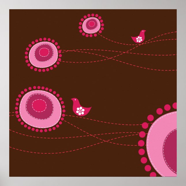 Pink Dotted Flowers and Happy Birds Poster (Front)