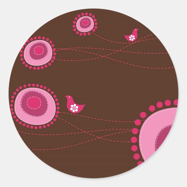 Pink Dotted Flowers and Happy Birds Sticker (Front)