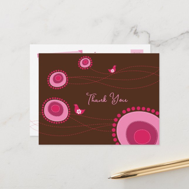 Pink Dotted Flowers and Happy Birds Thank You Postcard (Front/Back In Situ)