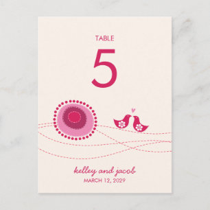 Pink Dotted Flowers Cute Kissing Birds Table Card