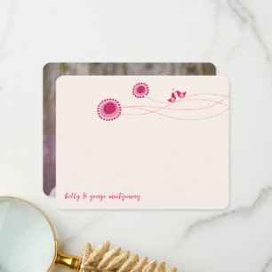 Pink Dotted Flowers & Cute Kissing Birds Wedding Thank You Card