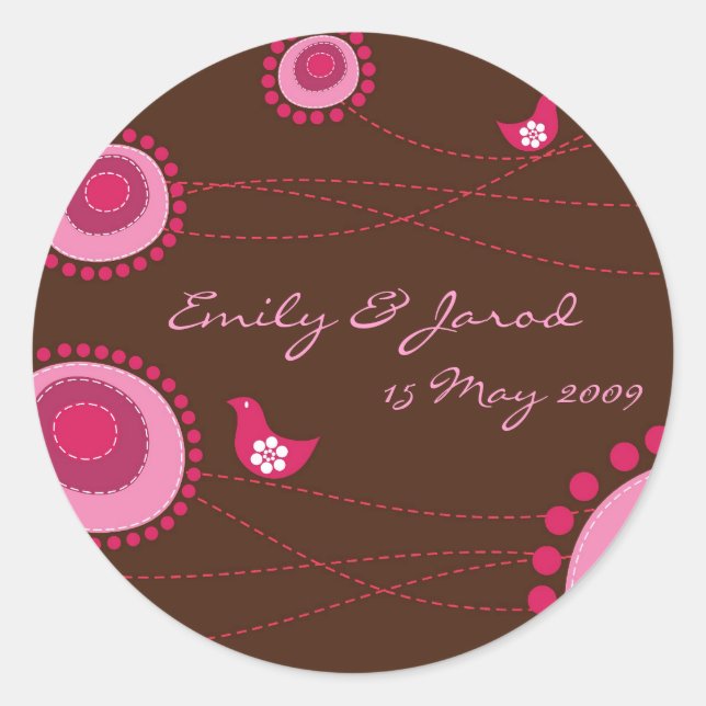 Pink Dotted Flowers & Happy Bird Wedding Sticker (Front)