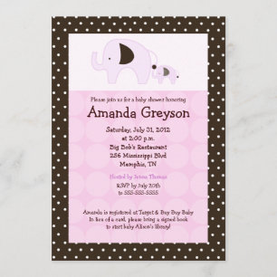 Pink Dottie Elephant 5x7 Baby Shower Invitation