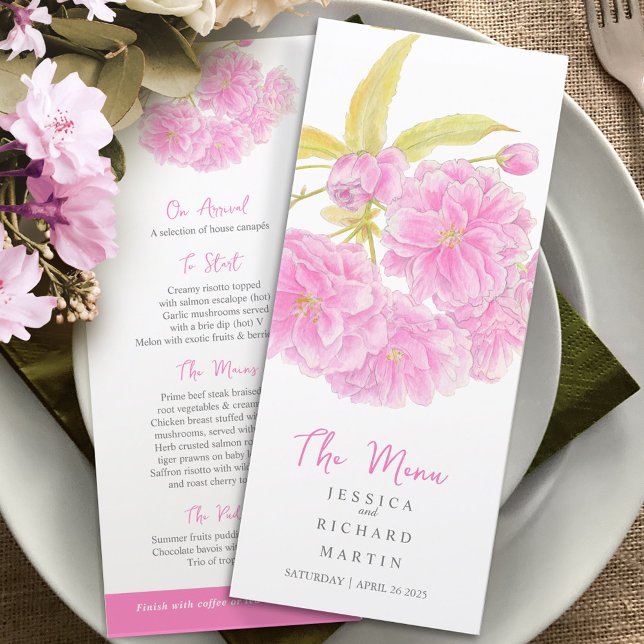 Pink double blossom flowers wedding menu (Creator Uploaded)
