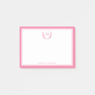 Pink Double Border Floral Crest Classic Monogram Post-it Notes
