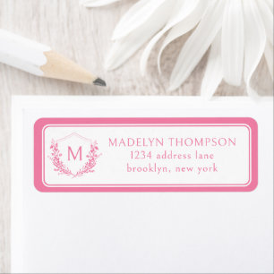 Pink Double Border Floral Crest Monogram Address