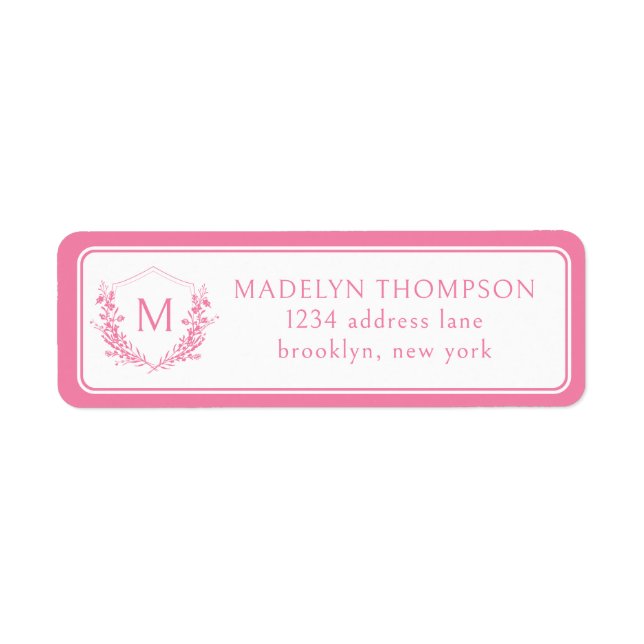 Pink Double Border Floral Crest Monogram Address (Front)