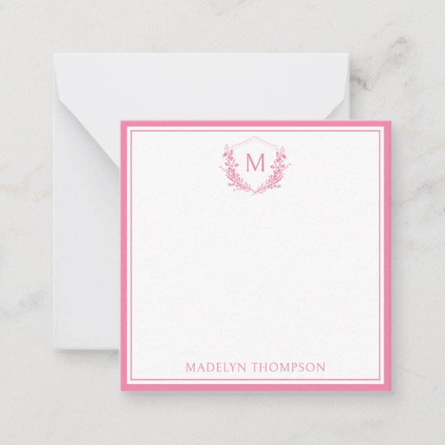 Pink Double Border Floral Crest Monogram Sqaure Card (Front)