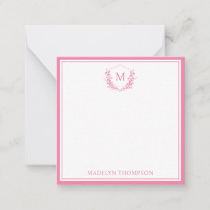 Pink Double Border Floral Crest Monogram Sqaure Card