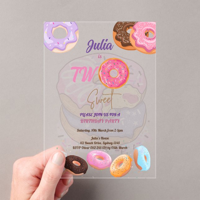 Pink Doughnut 2nd birthday Acrylic Invitations (Insitu (Handheld))