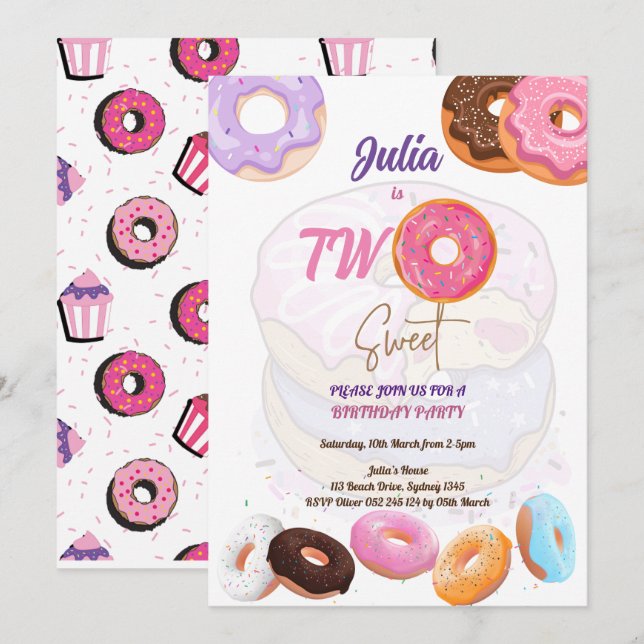 Pink Doughnut 2nd birthday invitation (Front/Back)