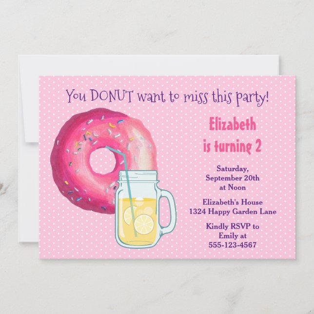 Pink Doughnut And Lemonade Birthday Party Invite (Front)