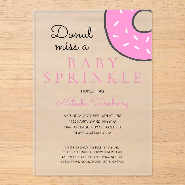 Pink Doughnut Baby Sprinkle Girl Baby Shower Acrylic Invitations (Front)