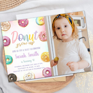 Pink Doughnut Birthday Invitations with photo