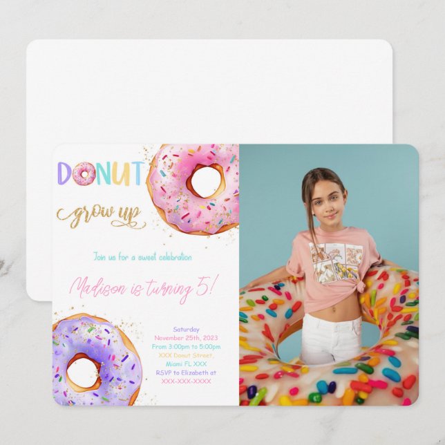 Pink Doughnut Birthday Party Photo Invitation (Front/Back)