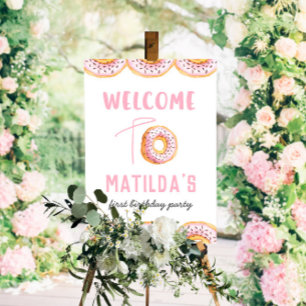 Pink doughnut birthday party welcome sign