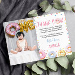 Pink Doughnut Birthday Photo Thank You Card<br><div class="desc">Our Doughnut Thank You Cards are the perfect way to show gratitude and appreciation to your guests for celebrating with you. The design features a festive and colourful layout with space for a personalised message or a "thank you" note. They are perfect for sending out after the party to express...</div>