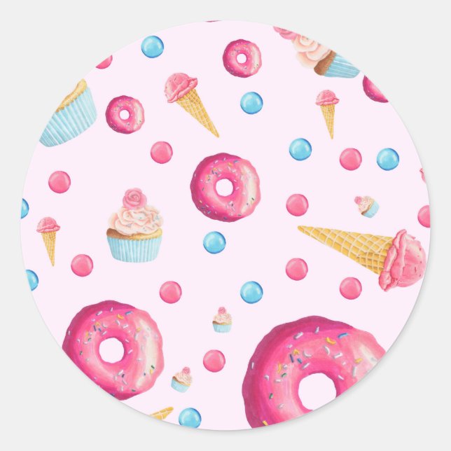 Pink Doughnut Collage Classic Round Sticker (Front)