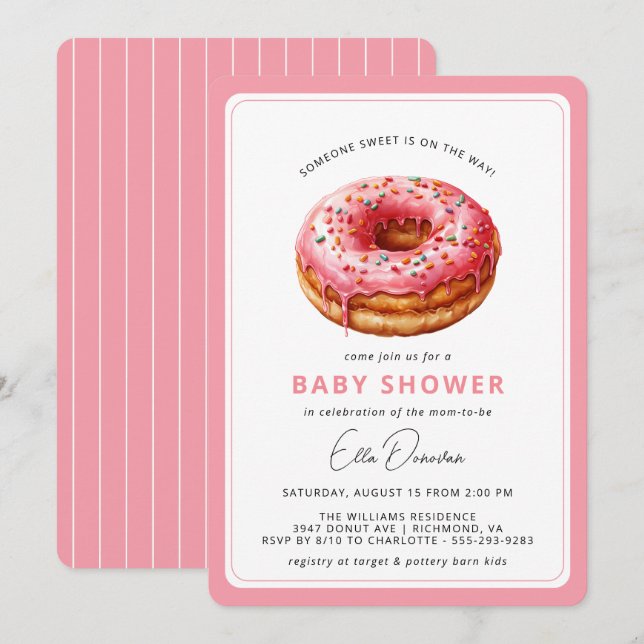 Pink Doughnut | Cute Dessert Theme Girl Baby Showe Invitation (Front/Back)