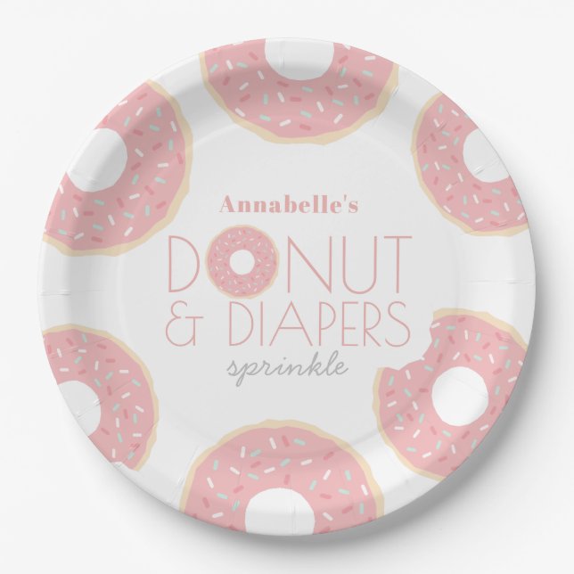 Pink Doughnut & Diapers Baby Shower Sprinkle Paper Plate (Front)