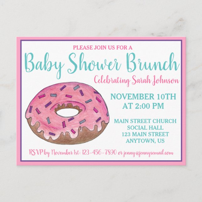 Pink Doughnut Doughnut Baby Shower Birthday Party Invitation Postcard (Front)