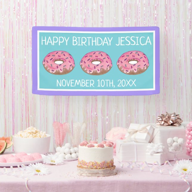 Pink Doughnut Doughnut Birthday Party Breakfast Banner (Party)