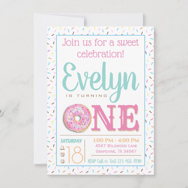 Pink Doughnut First Birthday Party Invitation (Front)