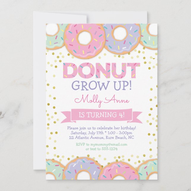 Pink Doughnut Girl Birthday Invitation Gold Sprink (Front)