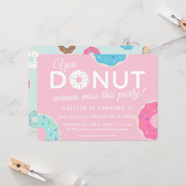 Pink Doughnut Party Invitation | Doughnut Birthday (Front/Back In Situ)